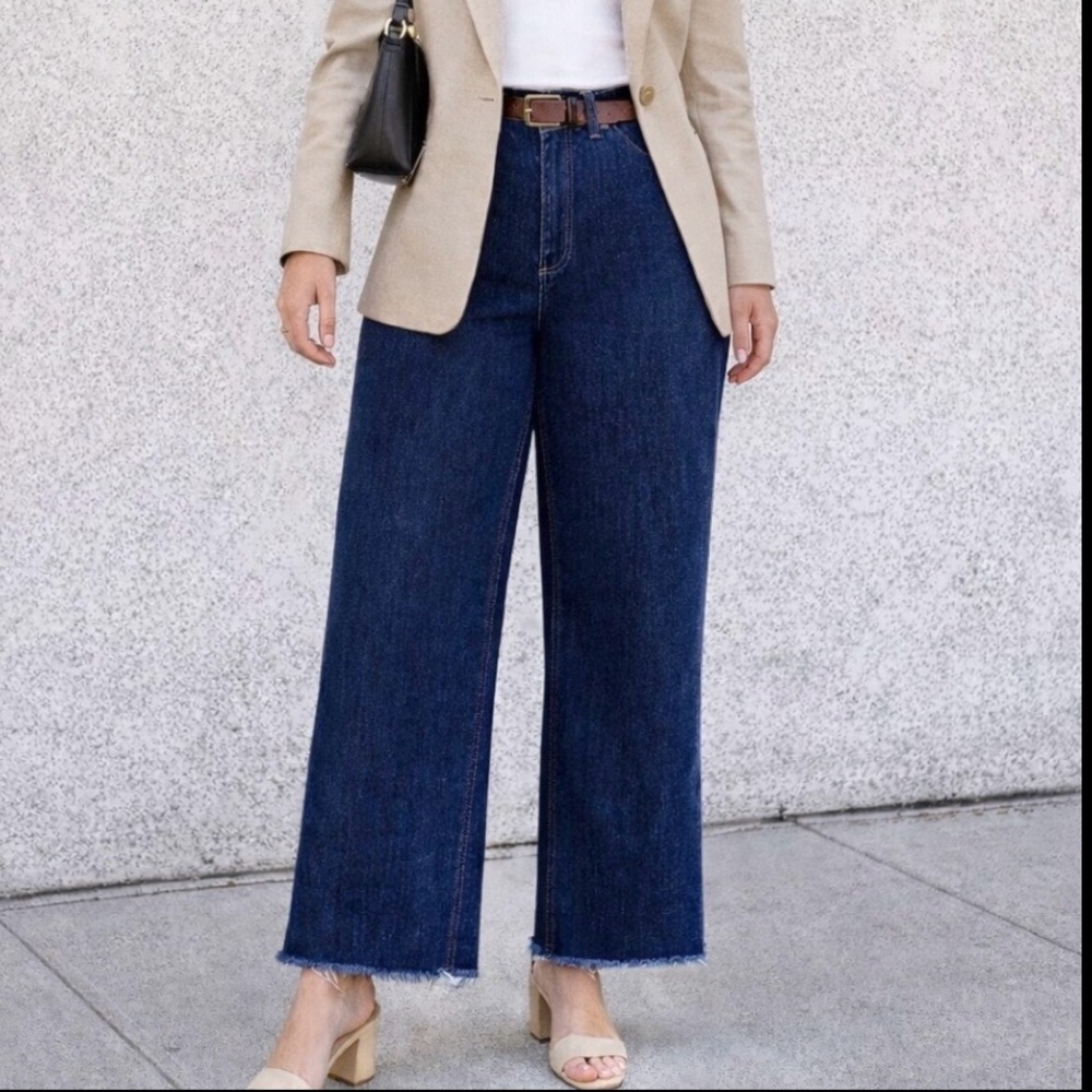 NWT OAT N.Y. Jeans Dark wash blue high rise wide leg raw hem back pockets 16W - Picture 4 of 11